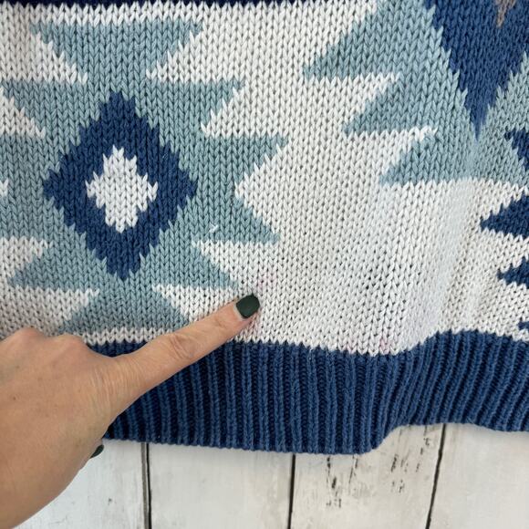 VTG Cafe Blue/White Southwest Aztec Striped Knit Crewneck Sweater Size Medium - Picture 2 of 12